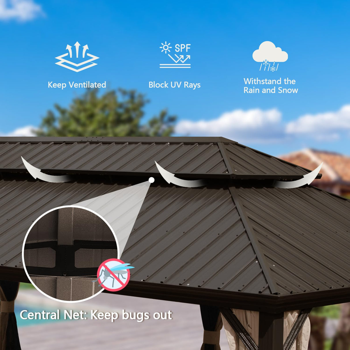 Domi Hardtop Gazebo 14x24FT, Outdoor Gazebo with Galvanized Steel Double Roof, Aluminum Frame, Built-in Gutter System, Curtain and Netting, Metal Gazebo Pavilion for Patio Deck Garden, Brown domi outdoor living