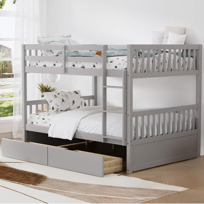 Rophefx Full Over Full Bunk Bed with Two Storage Drawers, Convertible Full Size Bunk Beds for Kids, Wooden Full Bunkbed Frame with Safety Rails and Ladders for Toddlers,Adult, Grey