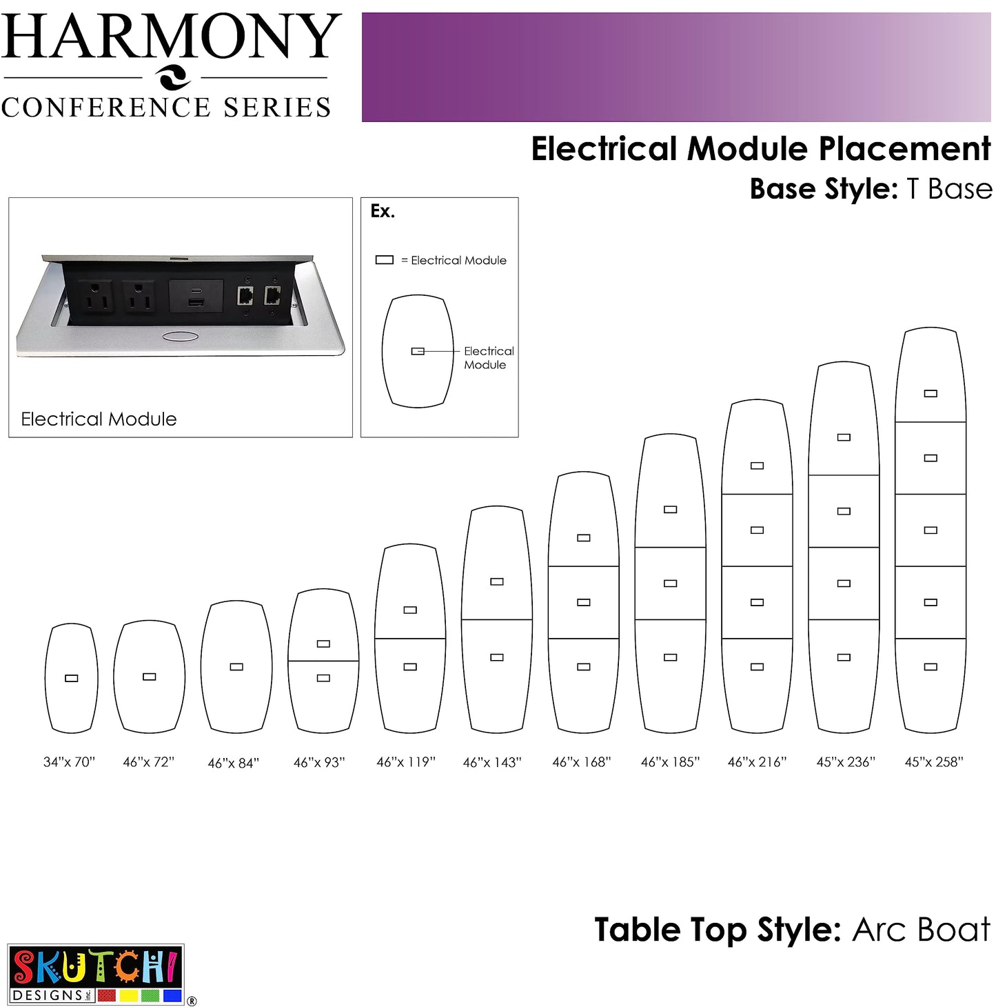 SKUTCHI DESIGNS INC. 8 Person Arc-Boat Meeting Room Table with Metal T Legs | 2 Power and Data Modules | Harmony Series | 8' Conference Table | Black Cypress with Matte Black Base - WoodArtSupply