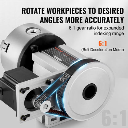 VEVOR Dividing Head, K11-100mm 3-Jaw Chuck, CNC Router Milling Machine Rotational Axis 4th Axis A Axis Indexing Head, 2.6"/65 mm Center Height MT2 Tailstock 6:1 Gear Ratio, Universal for Engr - WoodArtSupply