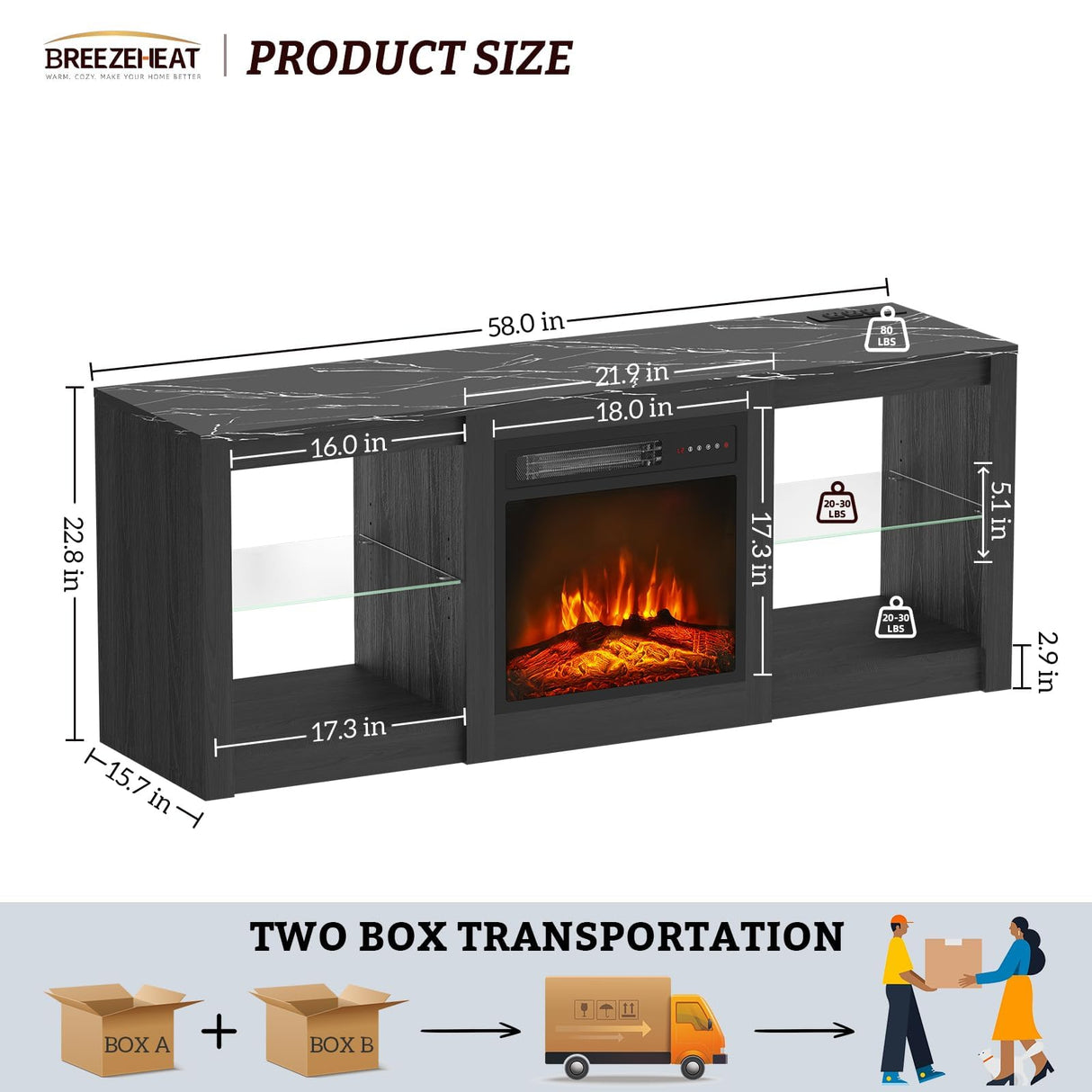 BREEZEHEAT 58 inch TV Stand with 18" Fireplace Inserts-Led Entertainment Center for TVs Up to 65"-TV Console for Living Room with Glass Shelves, LED Lights and Power Outlets (Black) BREEZEHEAT