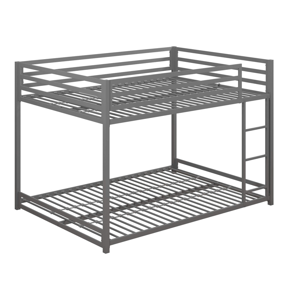 DHP Miles Low Metal Bunk Bed Frame for Kids, With Built-in Ladder, High Guardrail and Metal Slats, Floor Bed Bottom Bunk, No Boxspring Required, For Small Spaces, Full-Over-Full, Silver DHP