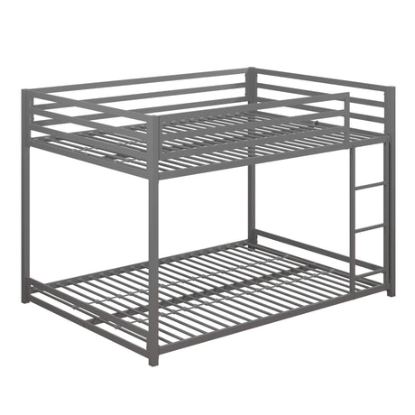 DHP Miles Low Metal Bunk Bed Frame for Kids, With Built-in Ladder, High Guardrail and Metal Slats, Floor Bed Bottom Bunk, No Boxspring Required, For Small Spaces, Full-Over-Full, Silver DHP