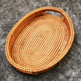 Small Handmade Rattan Basket, Oval Wicker Bowl, Rustic Serving Tray with Handles, Fruit Bowls, Table Organizers Storage Dish for Food, Catering, Catchall, Brown, S, 12.6 Inch amololo