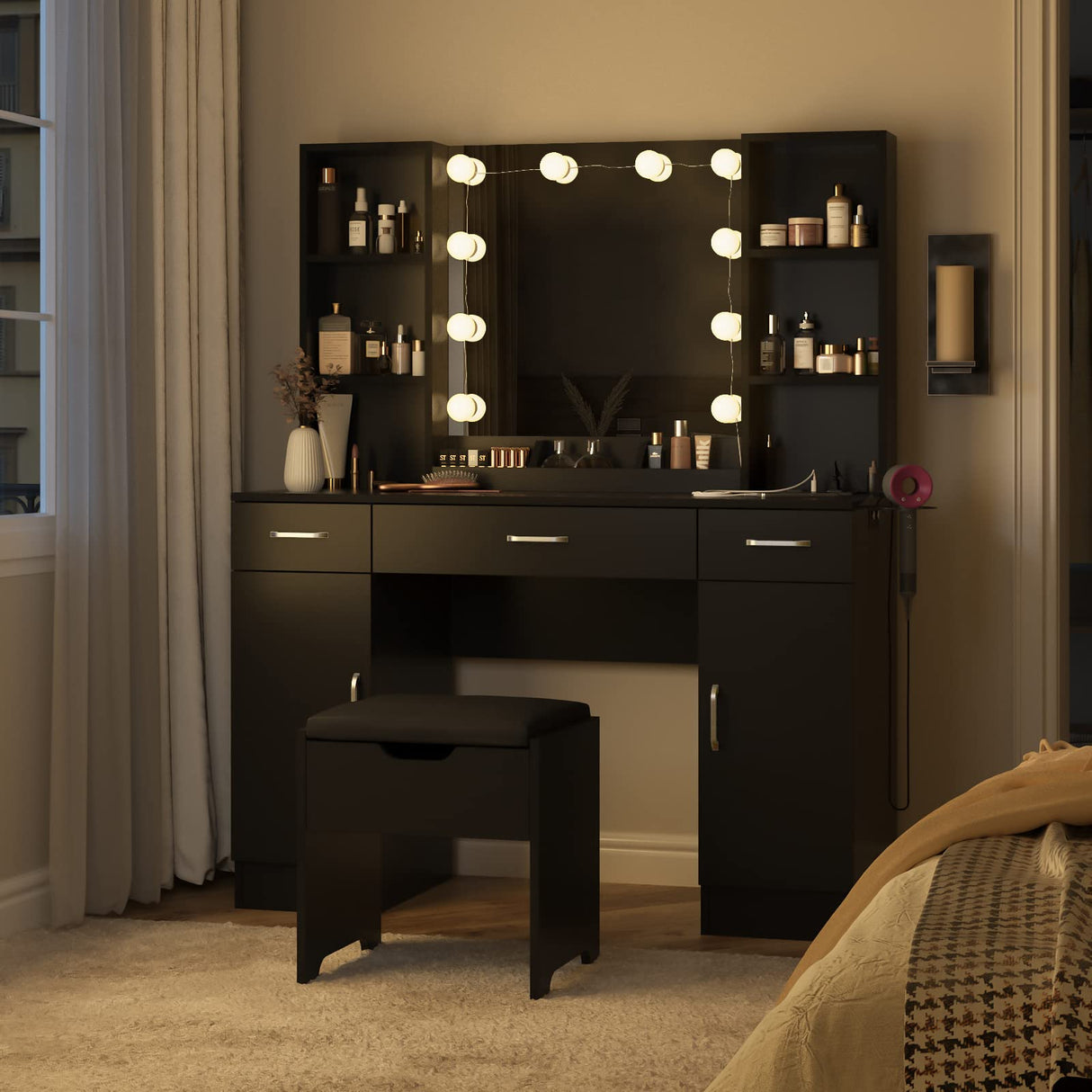 Vabches Makeup Vanity Table with Lighted Mirror & Power Strip, Large Vanity Set Vanity Desk with Lots Storage, 3 Lighting Modes, Brightness Adjustable, 45.2in(Large, Black) Vabches