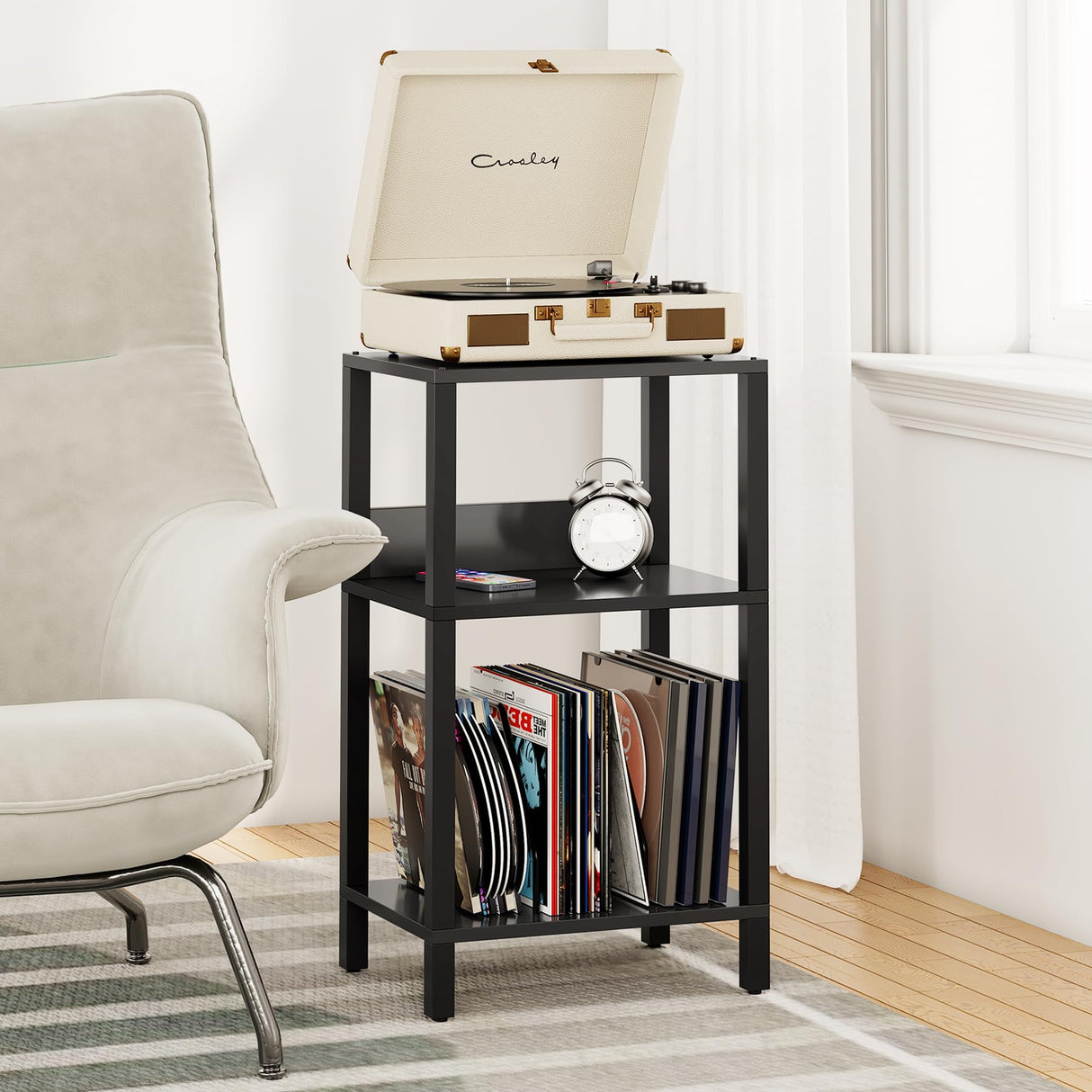 TUTOTAK Record Player Stand with Storage Up to 100 Albums,Record Storage Table,3 Tier End Table,Side Table for Living Room, Bedroom, Black TB01BK075 TUTOTAK