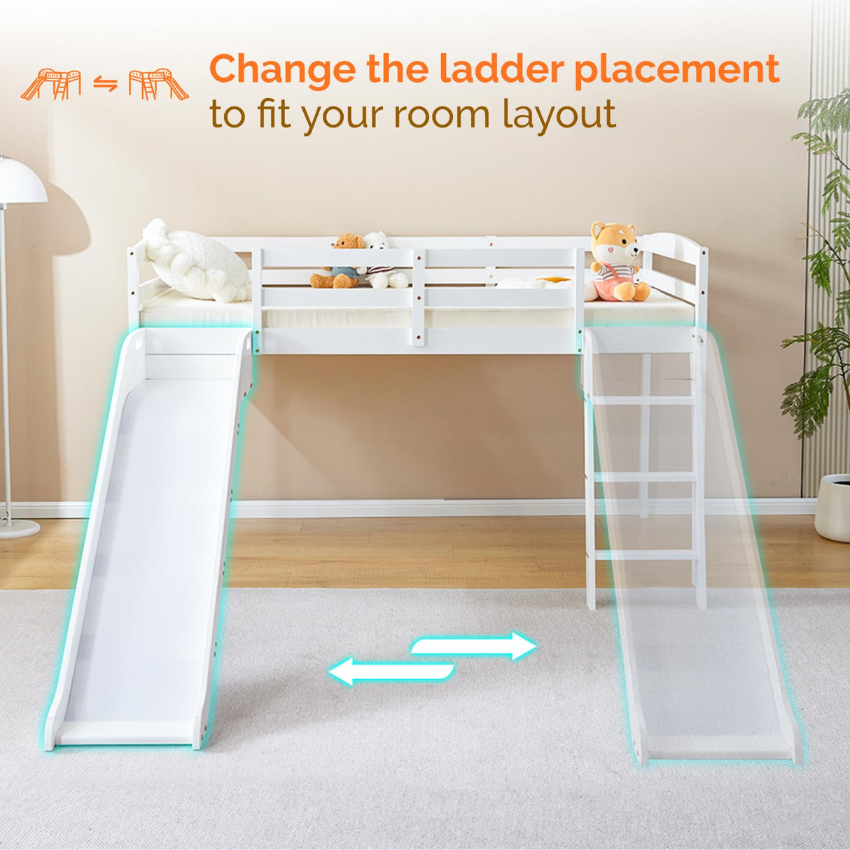 JOYMOR Bunk Bed with Curved Slide, Low Bunk Bed Twin Over Twin with Slide and Angled Ladder, Solid Pine Wood Frame,14" Safety Guardrail, Anti-Slip Steps (White, Twin) JOYMOR