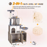 Snughome Cat Tree with Litter Box Enclosure Furniture, 2-in-1 Modern Cat Tower for Indoor Cats, 58.66’’ Wood Cat Condo with Scratching Post and Hammock, Indoor Cat Furniture with Large Platform, Grey Snughome