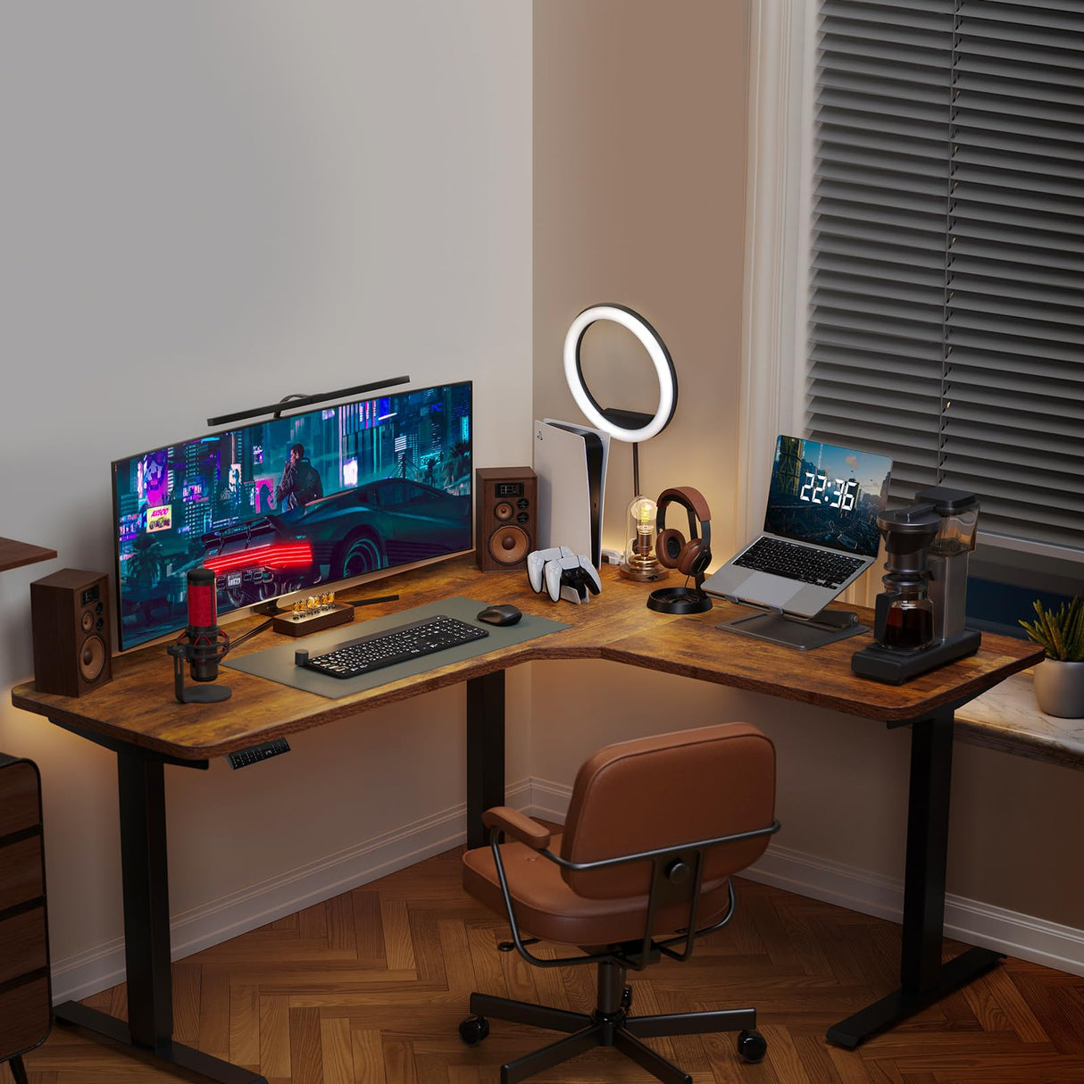 Marsail Standing Desk Adjustable Height with 4-in 1 Electical Outlet, L Shaped Electric Standing Desk (63x55 inch, Rustic) Marsail