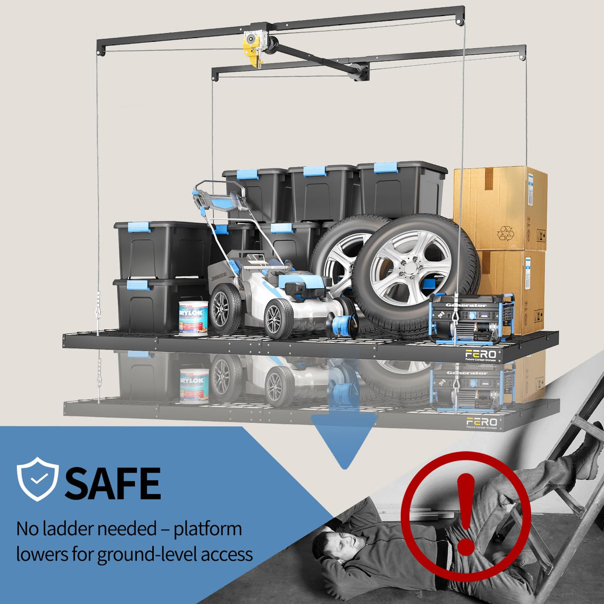 Overhead Garage Storage Rack – 4x8 FT Garage Ceiling Storage Racks with Safety Lock, Heavy-Duty Ceiling Mounted Lift System and Storage Organizer, Ideal for Maximizing Overhead Space, 325 lbs Capacity FERO