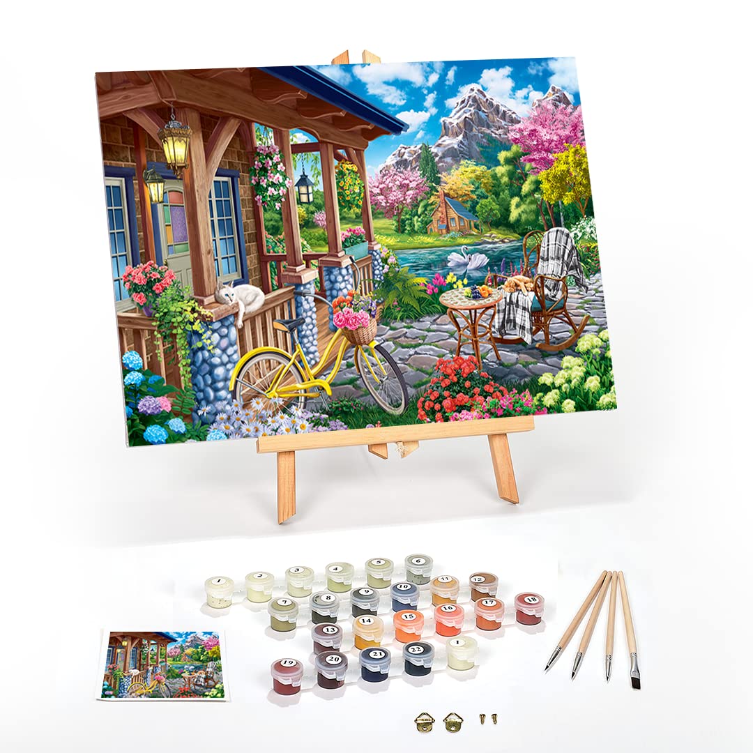 Ledgebay DIY Paint by Numbers Kit for Adults Framed Canvas Beginner to Advanced Paint by Numbers Kit Kits Include Acrylic Paint set Brushes Tabletop Easel (Colorful House Near The Lake 16"x20" Framed) Ledgebay