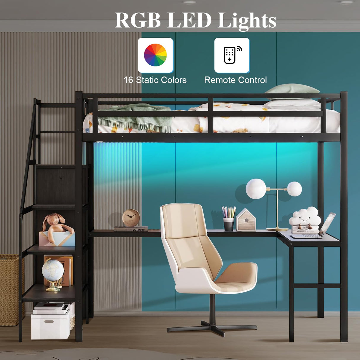 Full Size Loft Bed with Desk and Wardrobe, Metal Heavy Duty Loft Bed with Storage Stairs, LED Lights, USB Port, Full Loft Bed Frames for Kids, Junior, Adults, Space Saving, Noise Free (Black, Full) XUWANSHANG