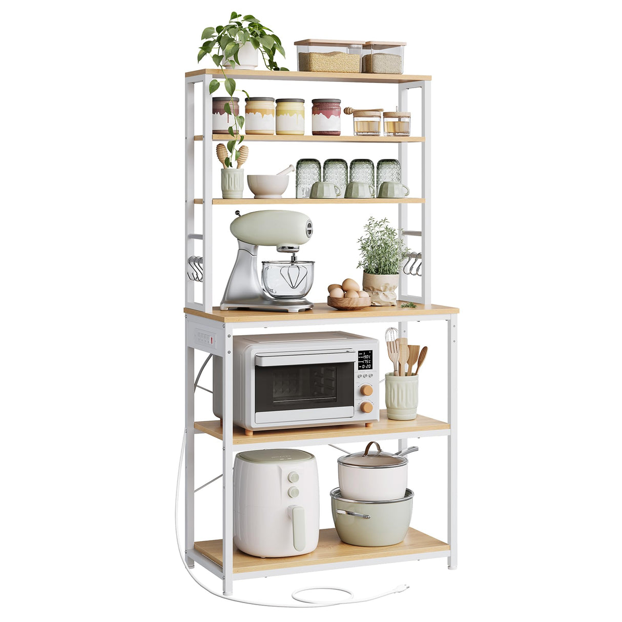 VASAGLE Bakers Rack with Power Outlet, 31.5 Inches Coffee Bar for Kitchen with Storage, 6-Tier Kitchen Shelves with 6 Hooks, Microwave Stand, Golden Oak and White UKKS119Y01 VASAGLE