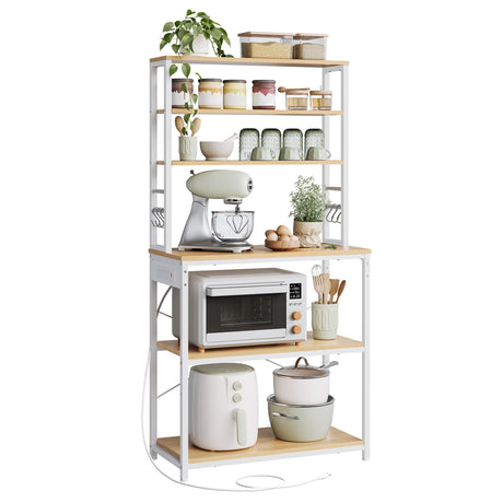 VASAGLE Bakers Rack with Power Outlet, 31.5 Inches Coffee Bar for Kitchen with Storage, 6-Tier Kitchen Shelves with 6 Hooks, Microwave Stand, Golden Oak and White UKKS119Y01 VASAGLE