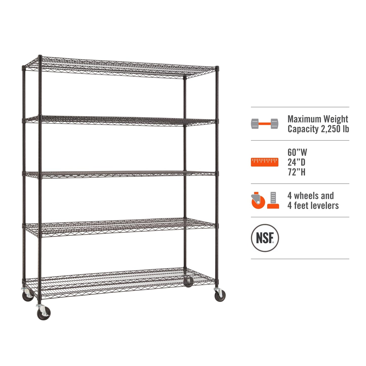 TRINITY Basics 5-Tier Adjustable Wire Shelving with Wheels for Kitchen Organization, Garage Storage, Laundry Room, NSF Certified, 600 to 2250 Pound - WoodArtSupply