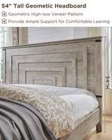 T4TREAM Farmhouse Queen Size Bed Frame with 54" Tall Geometric Headboard & 2 Large Storage Drawers, Rustic Wood Platform Bed with Wood Slats Support, No Box Spring Needed, Light Rustic Oak T4TREAM