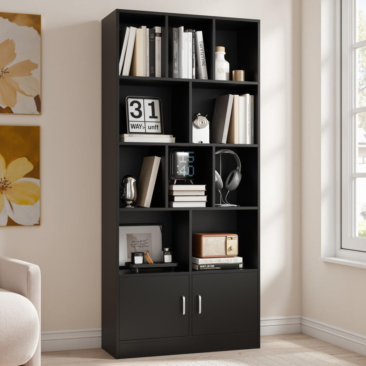 Cozy Castle 70" Tall Black Bookshelf with 12 Cubes and 2 Doors, 4-Tier Open Shelf Bookcase with Cabinet, Modern Cube Storage Organizer for Living Room, and Office Cozy Castle