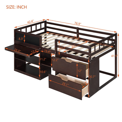 Harper & Bright Designs Low Loft Bed with Rolling Desk and Storage Shelves, Twin Size Loft Beds with 2 Drawers and Chalkboard, Wood Junior Twin Loft Bed Frame for Kids Boys Girls Teens, Espresso