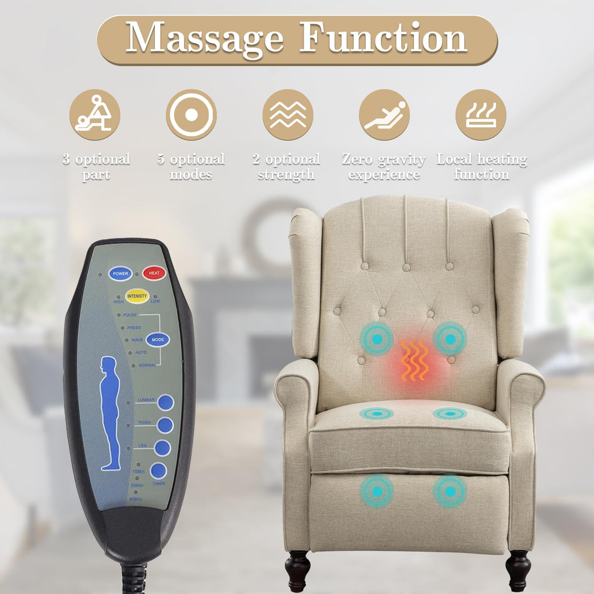 SENIFIS Pushback Recliner Chair, Linen Elizabeth Tufted Armchair Accent Chair with Massage &Heat, Mid Century Modern Wingback Single Sofa Chairs for Living Room, Small Space, Home Theater (White) SENIFIS