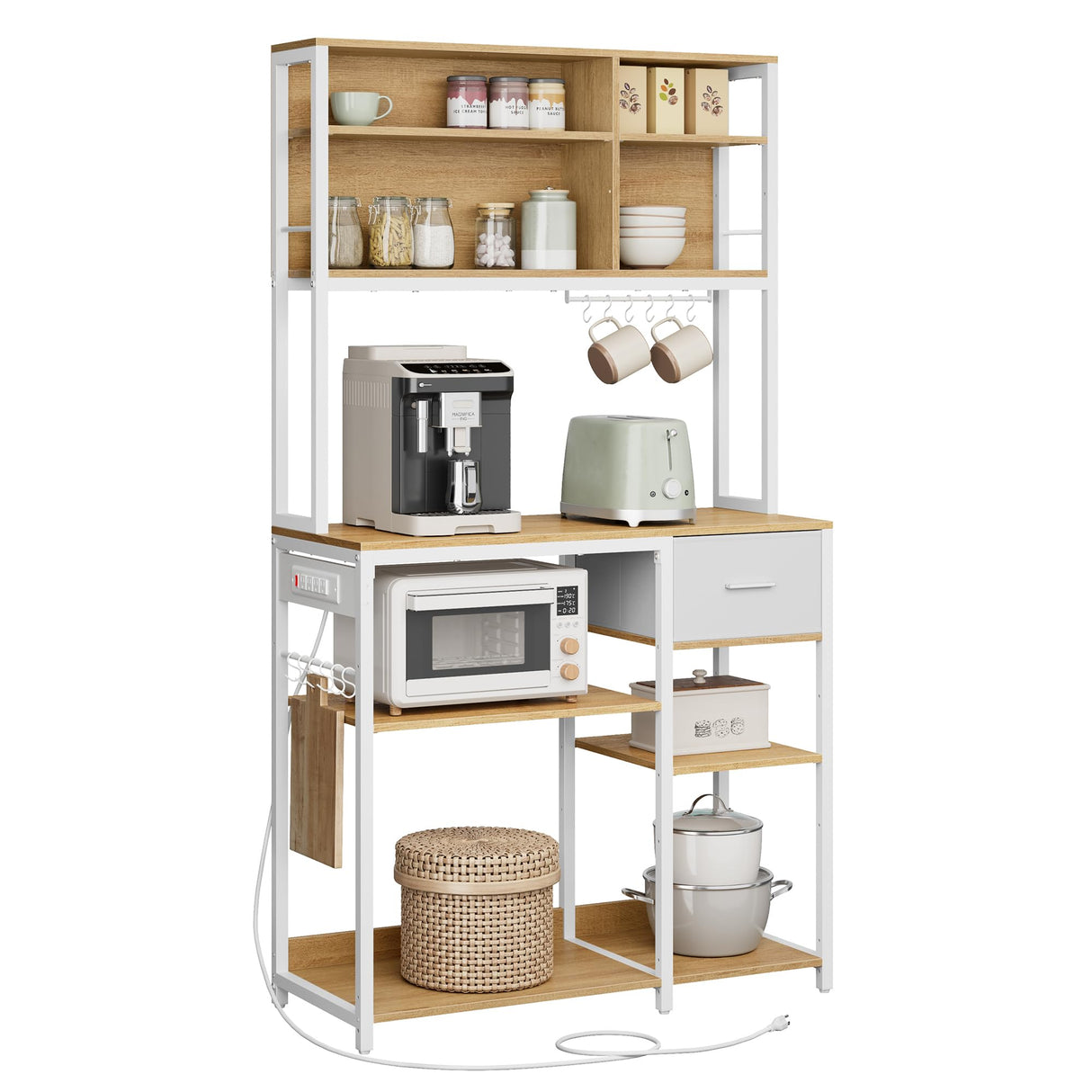 VASAGLE Bakers Rack with Charging Station, Coffee Bar with Adjustable Storage Shelves, Fabric Drawer, 12 Hooks, 15.7 x 39.4 x 71 Inches, Kitchen Microwave Stand, Golden Oak and Cloud White UKKS027Y01 VASAGLE