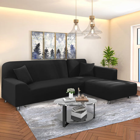 NAISI Couch Cover L Shape 2 Pieces Sofa Cover Soft Stretch Slipcovers with 2pcs Pillowcases Furniture Protector Sectional Couch Covers 3 Seater + 3 Seater(Black) NAISI