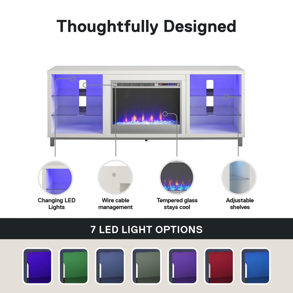 Ameriwood Home Lumina Fireplace TV Stand for TVs up to 70 Inch, Replaceable Electric Fireplace Insert Heater, Remote Control, Timer, Color Changing LED Lights, Crystal Ember Flames, White Ameriwood Home