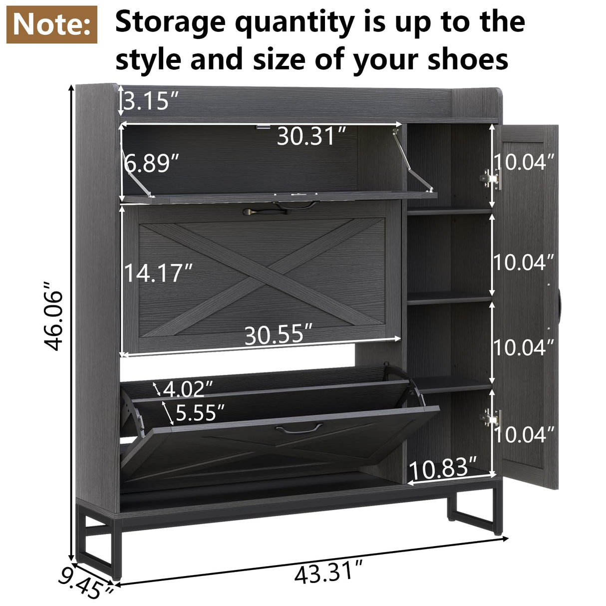 Auromie Free Standing Shoe Organizer with 2 Flip Drawers and Side Cabinet, Entryway Narrow Shoe Storage with Door for Hallway and Living Room (Black Plus) Auromie