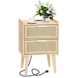 HHETOGOL Rattan Nightstand with Charging Station & 2 Rattan-Like Decor Drawers,Small End Table with Solid Wood Feet for Small Bedroom, Living Room, TTBZ02YE HHETOGOL