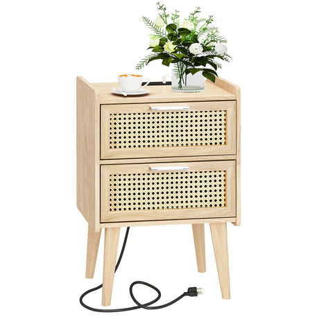 HHETOGOL Rattan Nightstand with Charging Station & 2 Rattan-Like Decor Drawers,Small End Table with Solid Wood Feet for Small Bedroom, Living Room, TTBZ02YE HHETOGOL