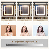 HAUOMS Farmhouse Makeup Vanity Desk with Sliding Lighted Mirror, Glass Top Vanity Desk with Power Outlet, Rustic Vanity Set, Antique White HAUOMS