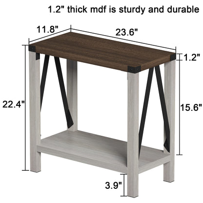 ChooChoo Farmhouse End Table for Small Spaces, Narrow Side End Table with Storage Shelf, Rustic A-Design Nightstand Sofa Table for Living Room, Bedroom (White & Brown)