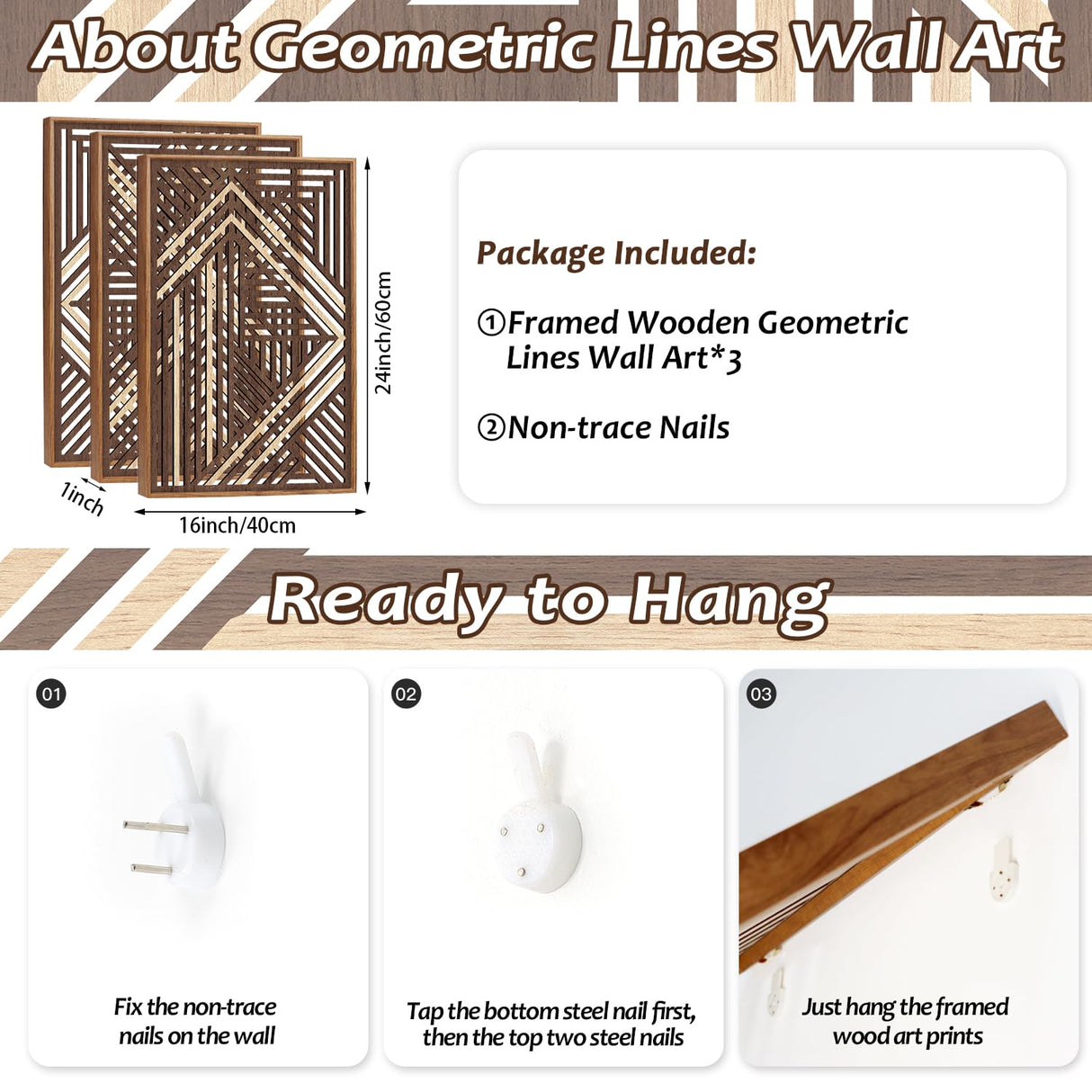 CHDITB Boho Geometric Wood Wall Art(Set of 3, 16"x24"), Large Modern Wooden Panel Hollow Line Art Decor, Rustic Abstract Minimalist Wall Hanging Artwork for Bedroom Living Room Office CHDITB