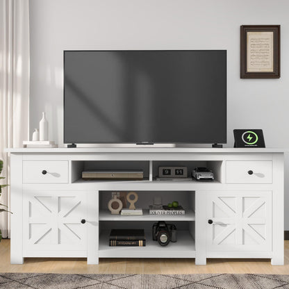 YITAHOME Farmhouse TV Stand 70 Inches, Entertainment Center with Power Outlet, Rustic TV Stands for Living Room, TV Console with Storage Drawers, Pure White