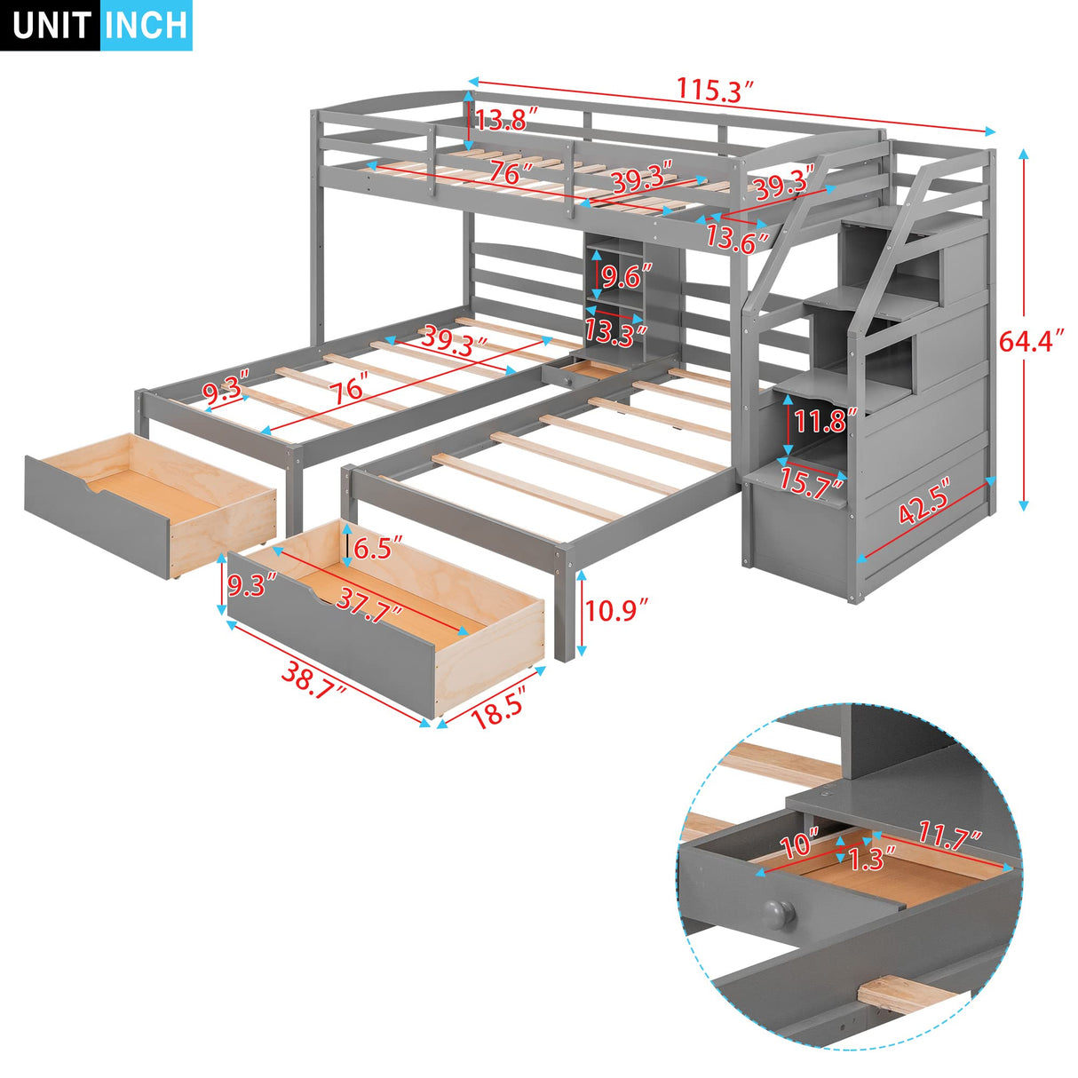 Triple Bunk Beds with Stairs and Storage Drawers, Twin Over Twin&Twin Bunk Bed for 3 Kids, Wooden 3 Bunk Beds Frame with Built-in Shelves for Kids,Teens, Adults, No Box Spring Needed (Gray) Harper & Bright Designs