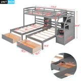 Triple Bunk Beds with Stairs and Storage Drawers, Twin Over Twin&Twin Bunk Bed for 3 Kids, Wooden 3 Bunk Beds Frame with Built-in Shelves for Kids,Teens, Adults, No Box Spring Needed (Gray) Harper & Bright Designs