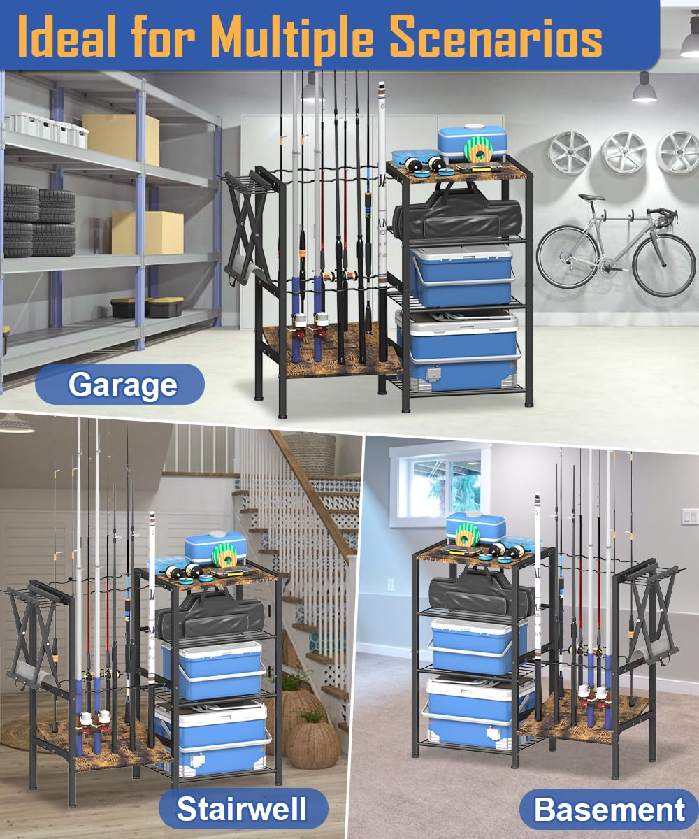 Tigerden Fishing Rod Holders for Garage, Fishing Pole Holder Stand with Multifunctional Hook, 4 Tier Fishing Gear Equipment Organizers Rack, Fits Most Rods of 1.57" for Home Entryway Corner, Black Tigerden