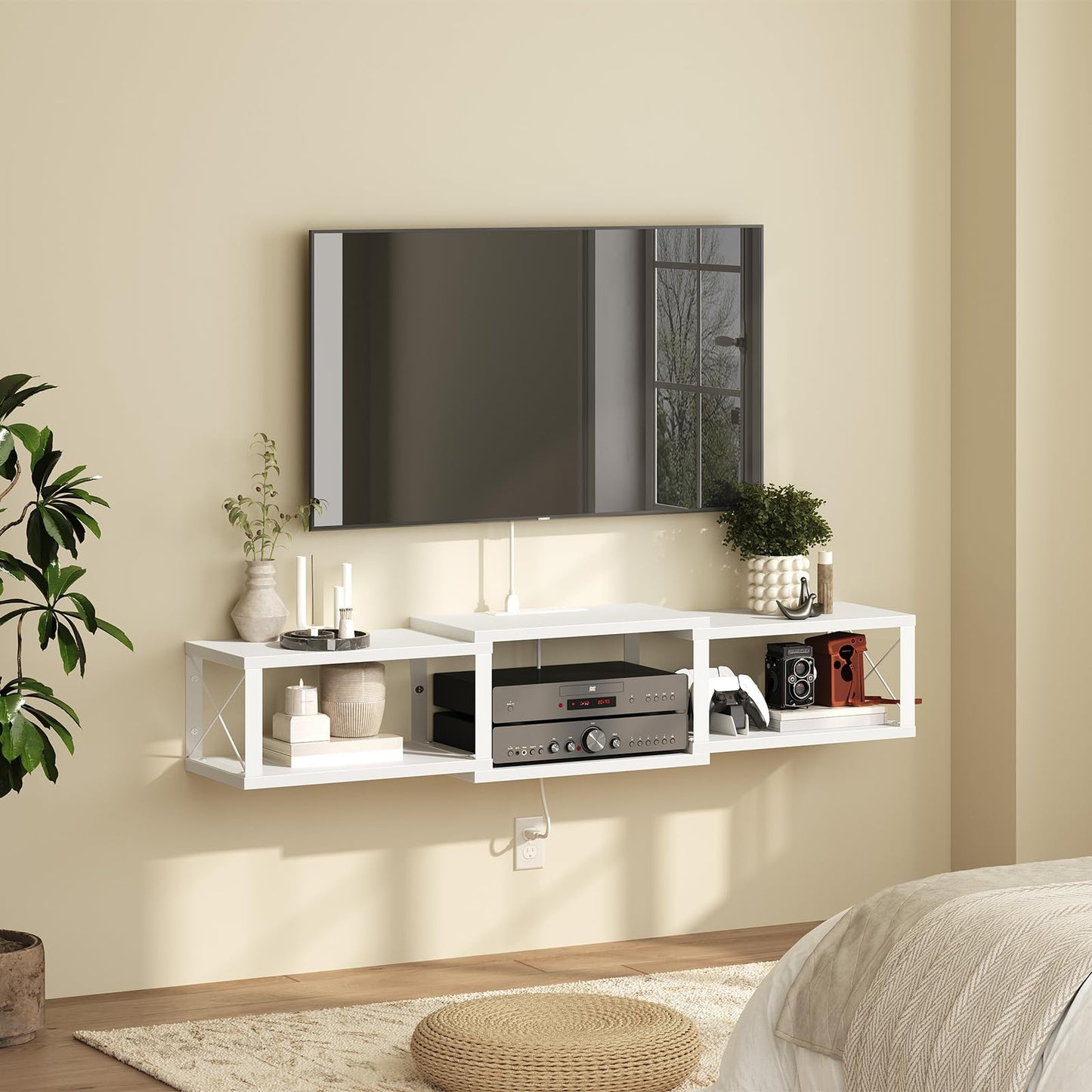 MAHANCRIS Floating TV Stand with Power Outlet, Wall-Mounted Entertainment Console Center with Storage, Floating TV Shelf for Under TV Storage, for Living Room, Bedroom, White TVBW101E01