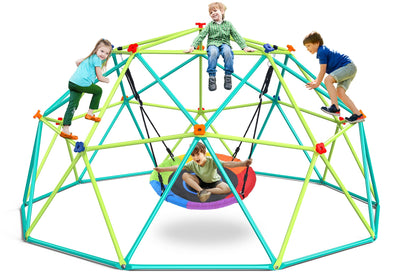 Hapfan 10 ft Climbing Dome Swing Set with Saucer Swing, Jungle Gym for Kids Outdoor Backyard, Supports 800lbs, Easy Asssembly, Rust-Resistant Outdoor Playset for Ages 3-8 8-12