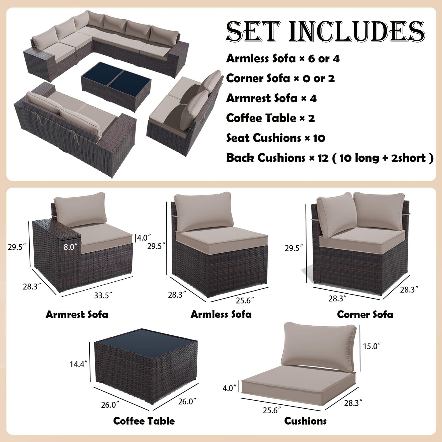 Gotland 12 Pieces Patio Furniture Set Outdoor Sectional Wicker Furniture All-Weather PE Rattan Patio Conversation Sets w/10 Replaceable Khaki Waterproof Cushions and 2 Coffee Table - WoodArtSupply