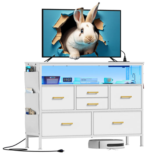 YITAHOME Dresser TV Stand for 45'' TV, 6-Drawer Dresser with Power Outlet and LED Light, Wide Dresser with Metal Handle, White Dresser with Shelves and PU Finish - WoodArtSupply