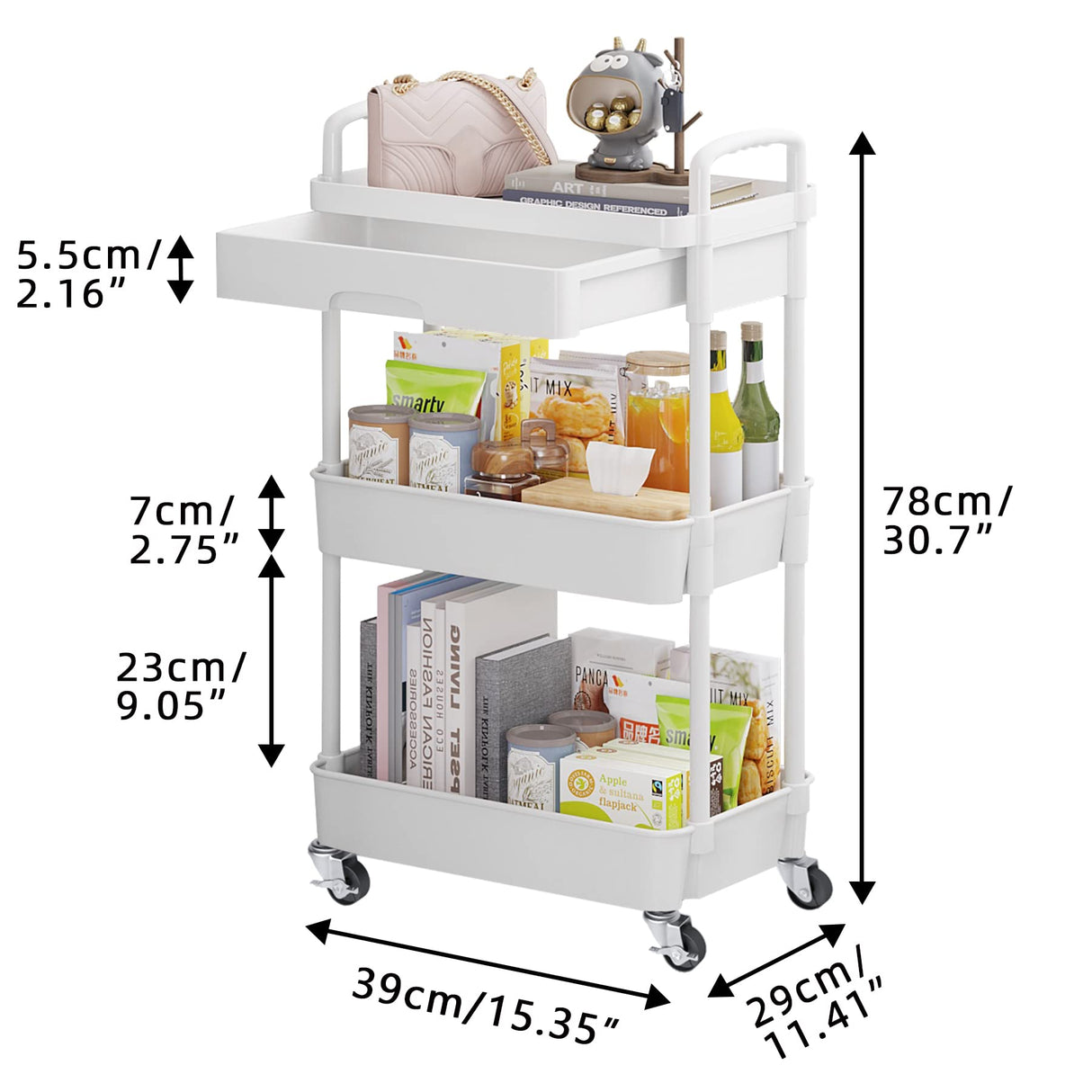 Calmootey 3-Tier Rolling Utility Cart with Drawer,Multifunctional Storage Organizer with Plastic Shelf & Metal Wheels,Storage Cart for Kitchen,Bathroom,Living Room,Office,White Calmootey