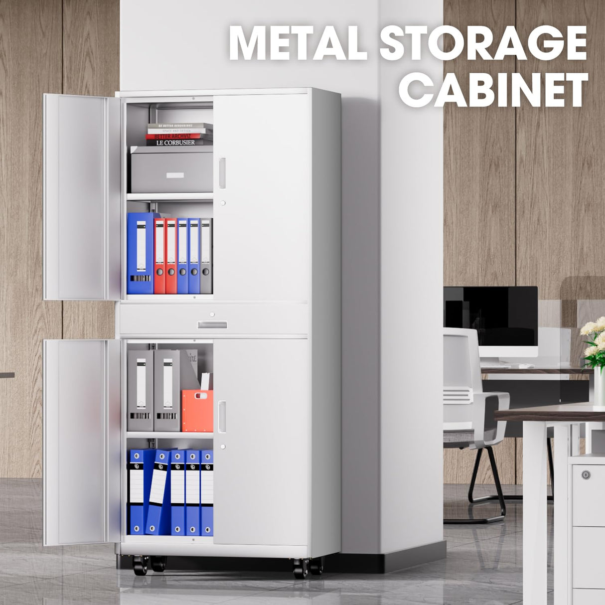 DNA MOTORING 73'' Metal Storage Cabinet, Rolling Garage Cabinet with 1 Drawer and Adjustable Shelves, Lockable Heavy Duty Metal Locker for Garage,Office,Home,White, TOOLS-00630-WH-WH-A DNA MOTORING