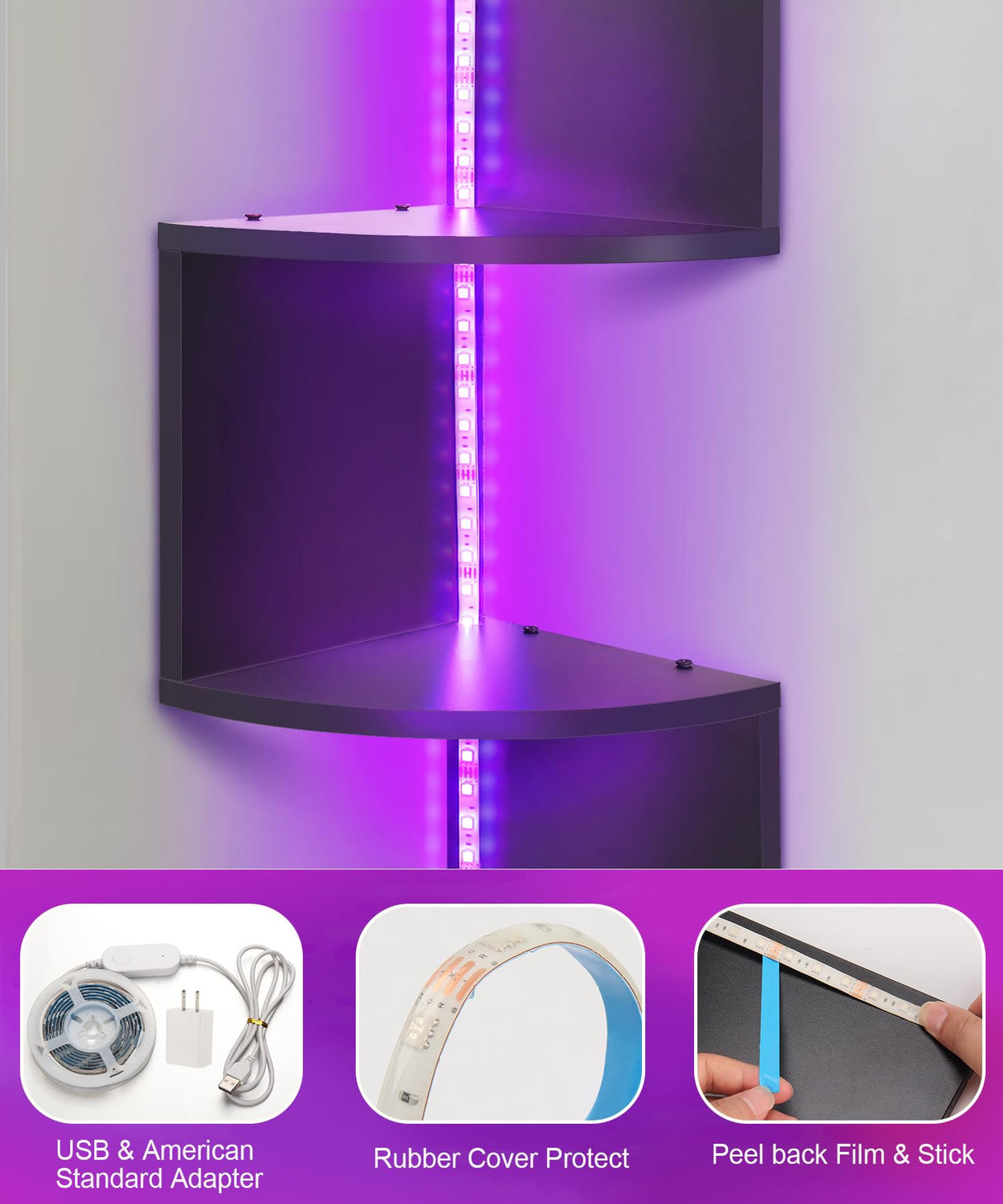 Outink 5 Tiers Corner Shelf with RGB LED Lights, 49.2" Wall Mount Floating Corner Display Shelf for Living Room Bedroom Home Office Decor, APP & Remote Control (Black) Outink