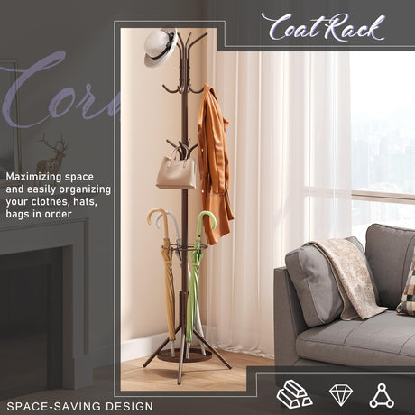 Wieghda Coat Rack Freestanding,Entryway Hanger Stand,Umbrella Holder,Hall Tree With 12 Hooks, Floor Standing Metal Tree Stand,brown Wieghda
