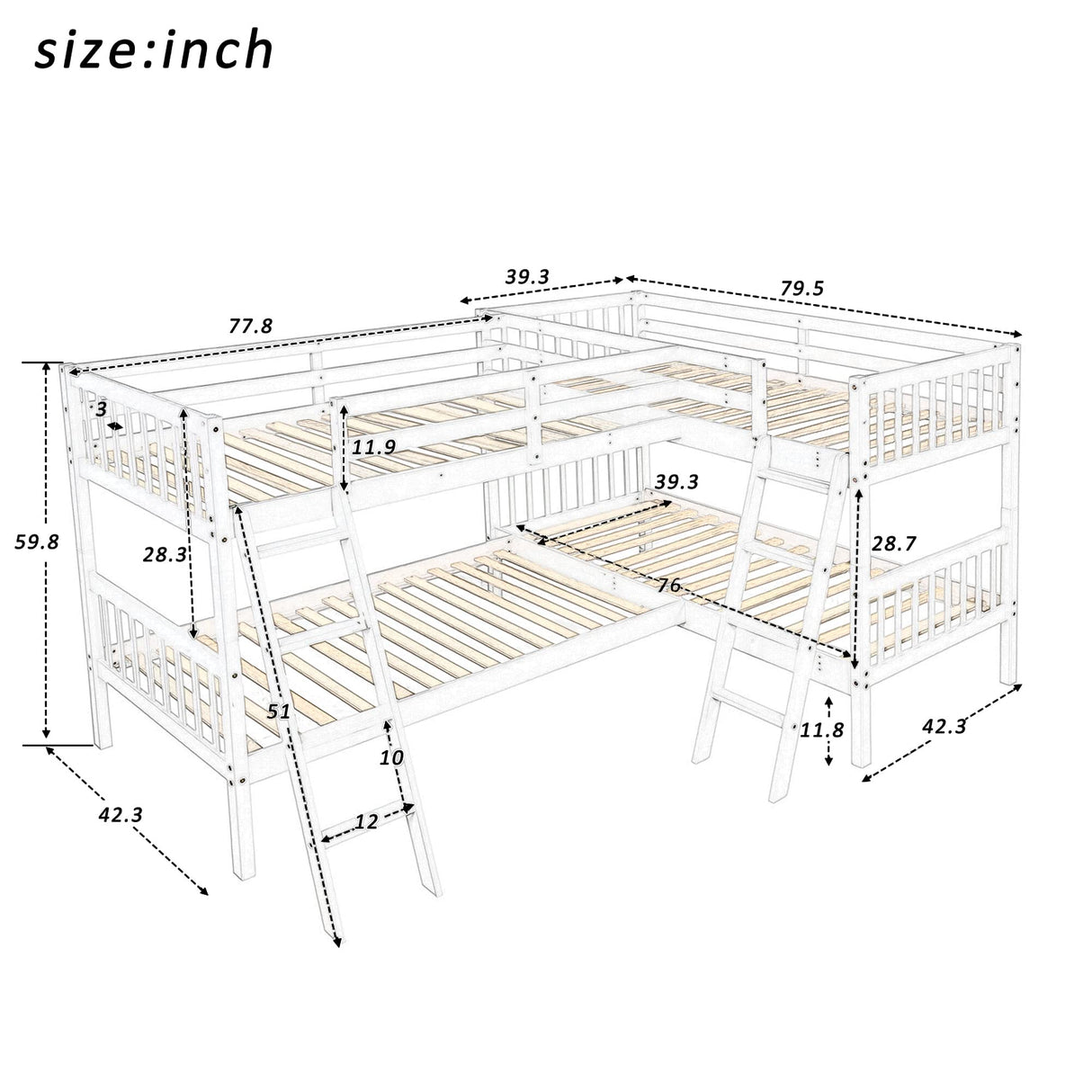 L-Shaped Bunk Bed Twin Over Twin, Quad Bunk Bed with Guardrail and Angle Ladder, Wood Twin Bunk Beds for 4, Corner Bunk Beds for Kids, Teens, Adults, No Box Spring Needed (Twin, 4 Beds, White) Harper & Bright Designs