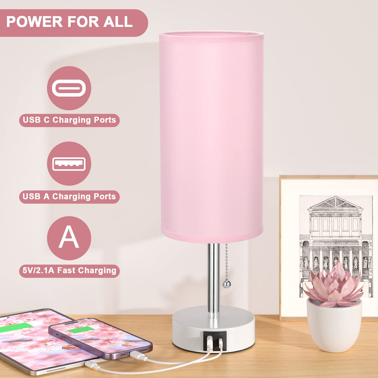 Hong-in Pink Lamp for Bedroom,Nightstand Lamp with 3 Color Modes-Small Bedside Lamp with USB-C+A Charging Ports, Pull Chain Bedroom Table Lamp for Bedroom, Office, Kids Room(Bulb Included) Hong-in
