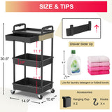 Goovilla 3 Tier Rolling Utility Cart Organizer with Removable Drawer, Stable and Sturdy Black Rolling Storage Carts with 2 Lockable Wheels for Bathroom, Kitchen, Snack, Craft, Makeup, Baby Essentials Goovilla