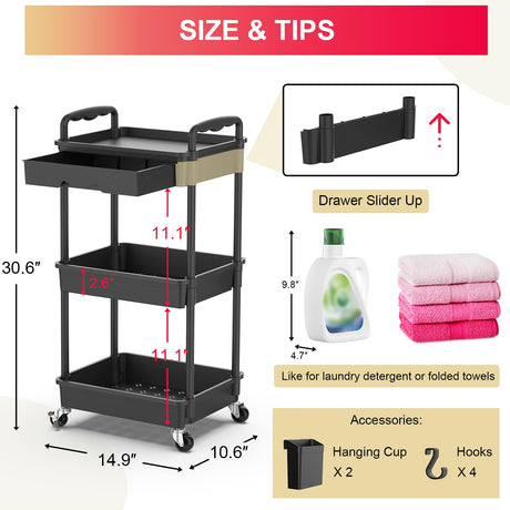 Goovilla 3 Tier Rolling Utility Cart Organizer with Removable Drawer, Stable and Sturdy Black Rolling Storage Carts with 2 Lockable Wheels for Bathroom, Kitchen, Snack, Craft, Makeup, Baby Essentials Goovilla