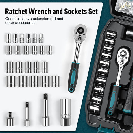 Sundpey Home Tool Kit 281-PCs - Portable Complete Basic Repair General Hand Tool Sets for Men Women - Full Tool Set with Socket Wrench Set & Screwdriver Set & Metric Hex Key & Pliers & Tool Box Case Sundpey
