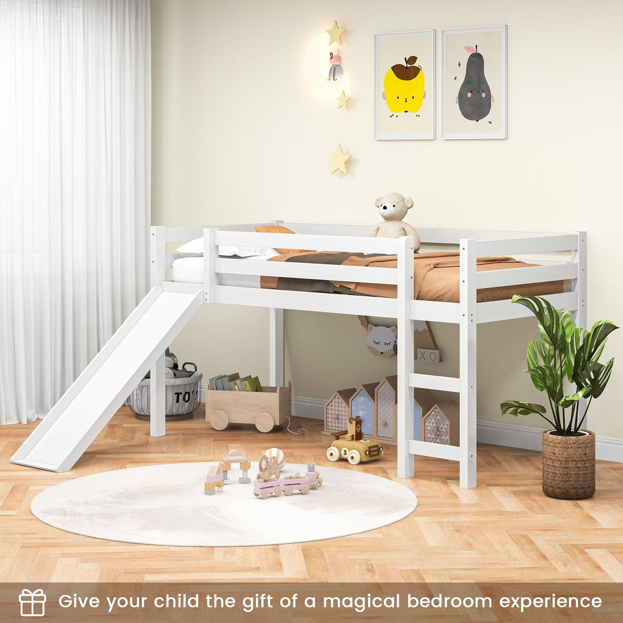 NAFORT Twin Size Loft Bed with Slide & Stairs – Low Loft Bed for Kids, Solid Wood Frame with Guard Rails, Slat Support & Climbing Ladder, Space Saving White Finish NAFORT
